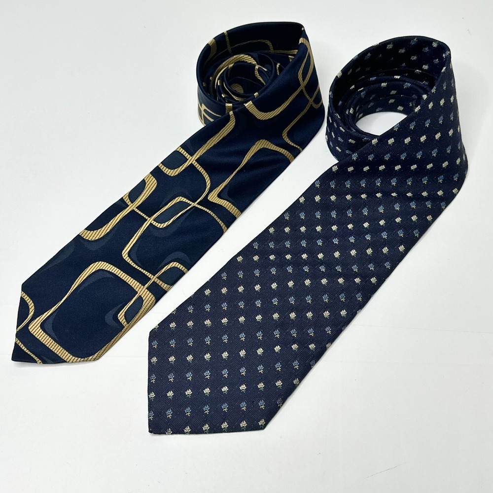 2x Vtg Nina Ricci Silk Ties Navy Gold Modernist Op Art Grandpacore Soft Boy